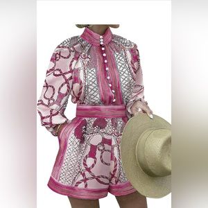 Womens Boho Print Long Sleeve Top High Waist Shorts Sets 2 Piece